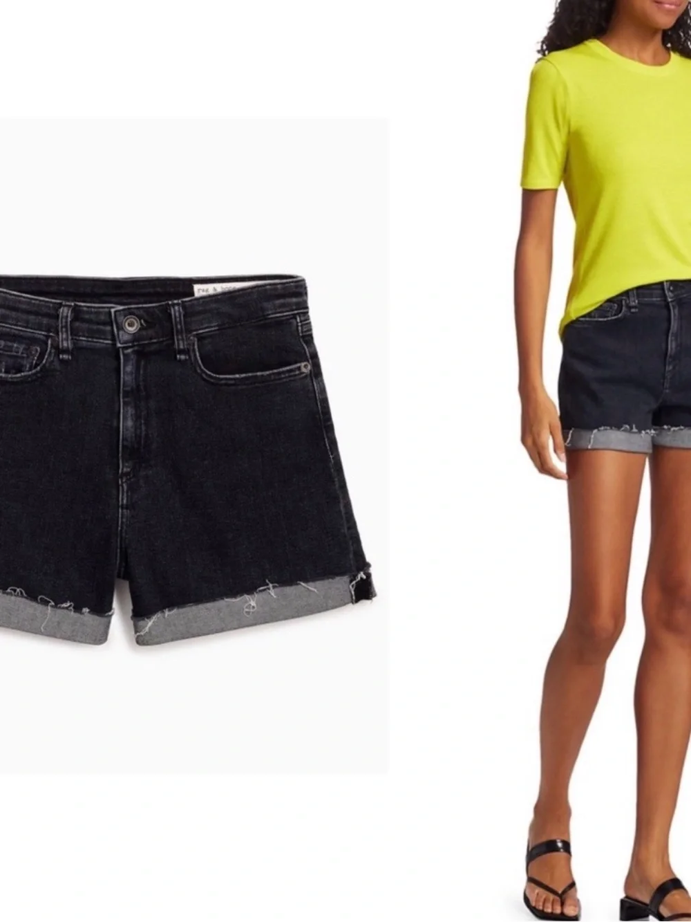 Rag and Bone Nina High Waist Denim Shorts Cuffed Hem Washed Black 27